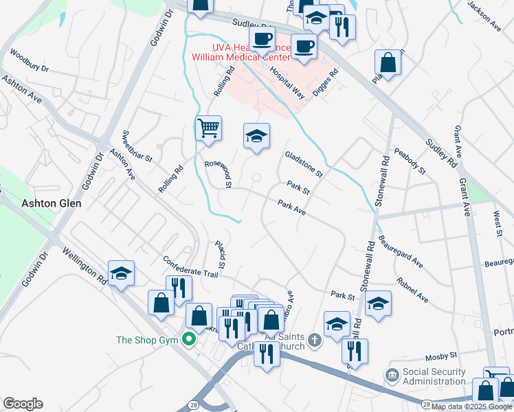 map of restaurants, bars, coffee shops, grocery stores, and more near 9623 Park Street in Manassas