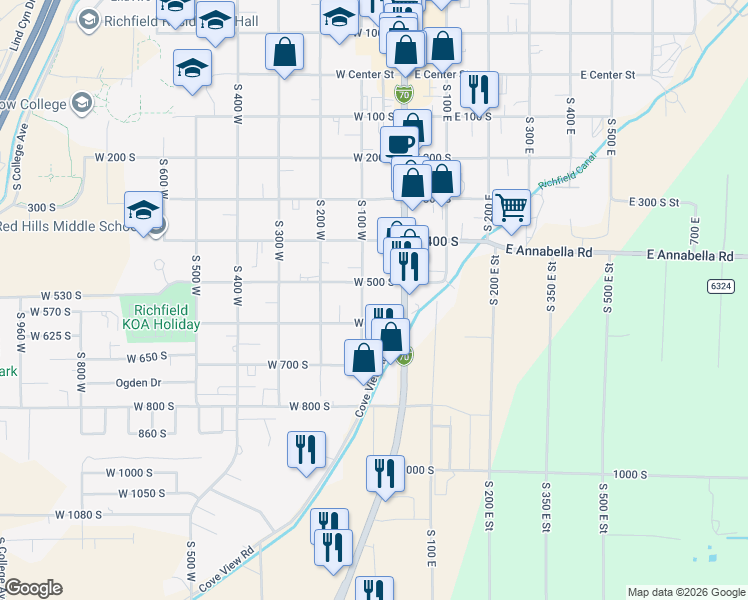 map of restaurants, bars, coffee shops, grocery stores, and more near 2-98 West 600 South in Richfield