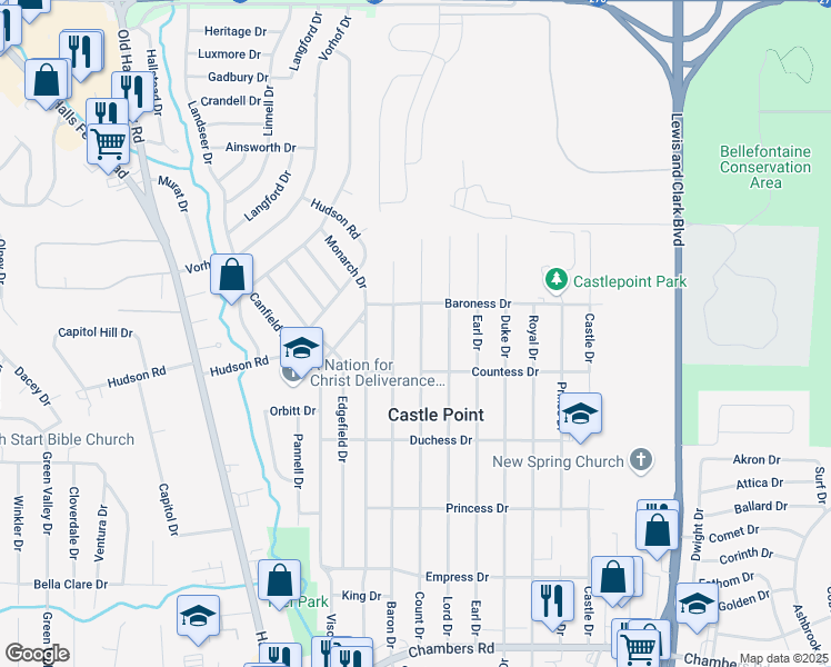 map of restaurants, bars, coffee shops, grocery stores, and more near 10437 Count Drive in St. Louis
