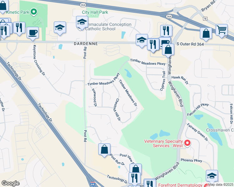 map of restaurants, bars, coffee shops, grocery stores, and more near 215 Chestnut Hill Drive in O'Fallon