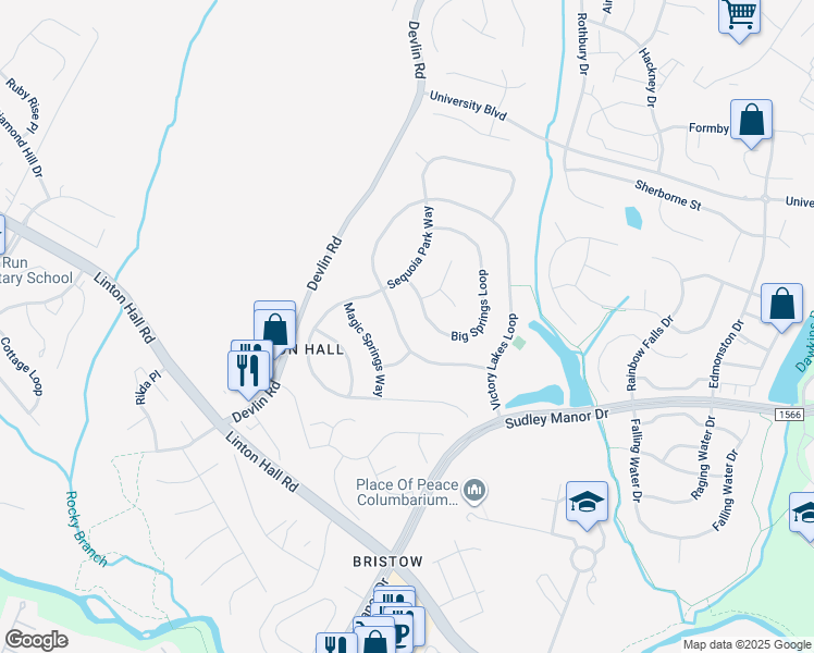 map of restaurants, bars, coffee shops, grocery stores, and more near 12805 Victory Lakes Loop in Bristow