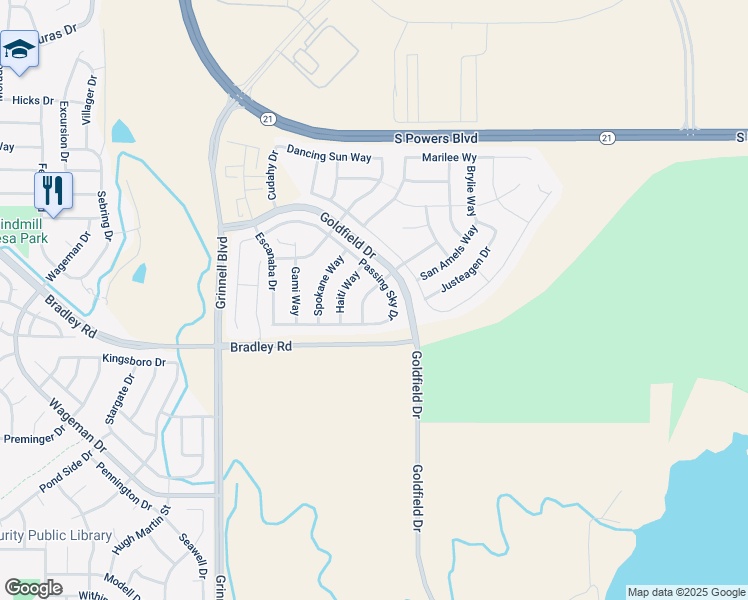 map of restaurants, bars, coffee shops, grocery stores, and more near 6268 Passing Sky Drive in Colorado Springs