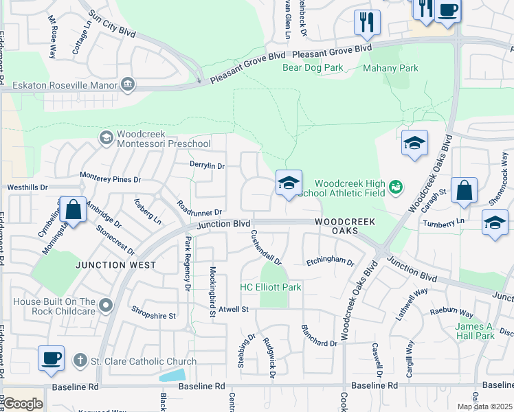 map of restaurants, bars, coffee shops, grocery stores, and more near 1869 Hilmerton Circle in Roseville