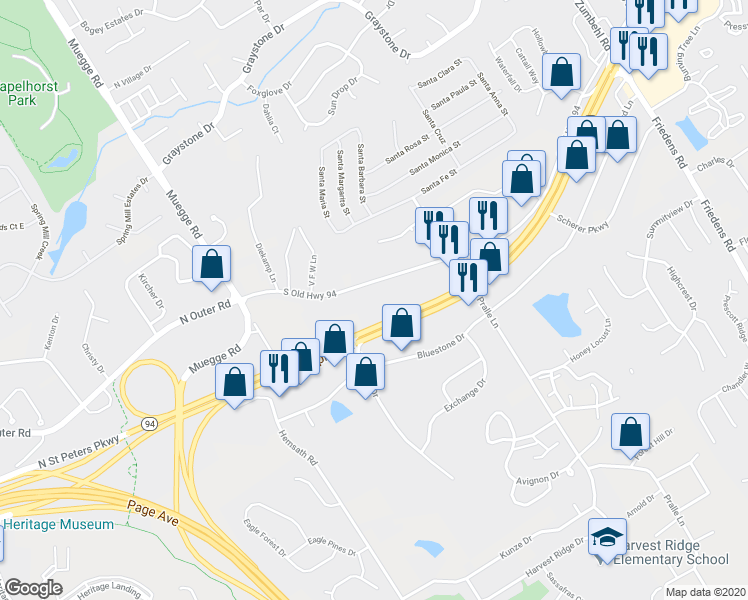 map of restaurants, bars, coffee shops, grocery stores, and more near 2100 South Old Highway 94 in Saint Charles