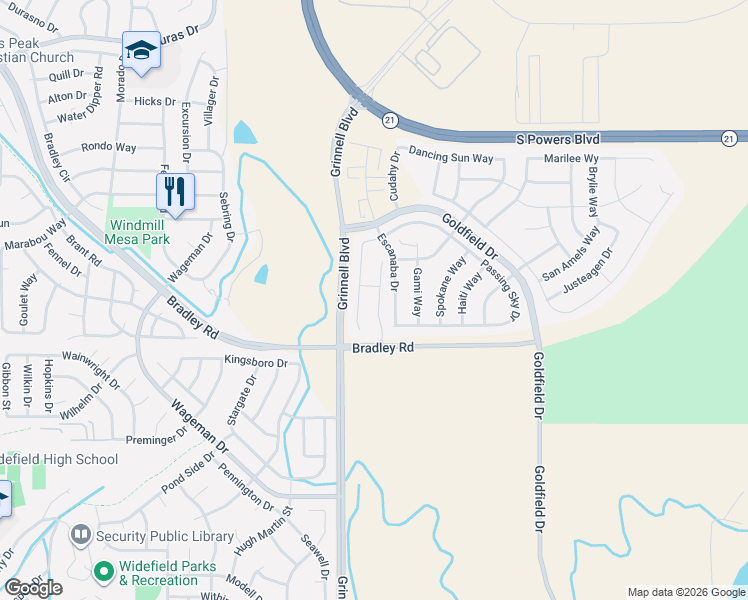 map of restaurants, bars, coffee shops, grocery stores, and more near 4506 Goldfield Drive in Colorado Springs