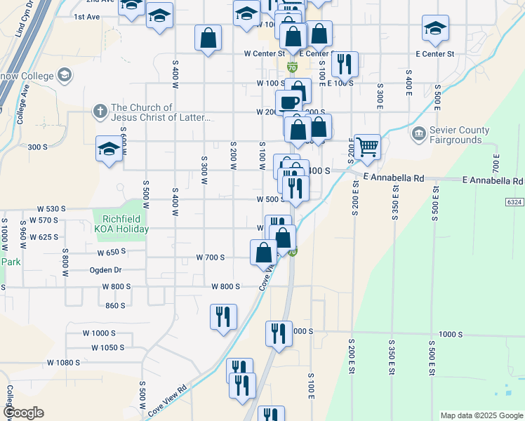 map of restaurants, bars, coffee shops, grocery stores, and more near 2-98 West 600 South in Richfield