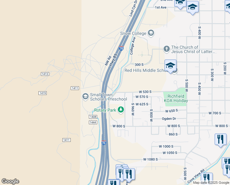 map of restaurants, bars, coffee shops, grocery stores, and more near 1100 West 600 South in Richfield