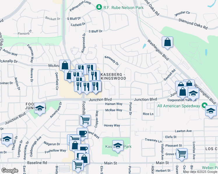 map of restaurants, bars, coffee shops, grocery stores, and more near 800 Micro Court in Roseville