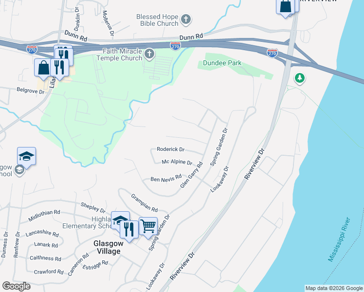 map of restaurants, bars, coffee shops, grocery stores, and more near 138 Roderick Drive in St. Louis