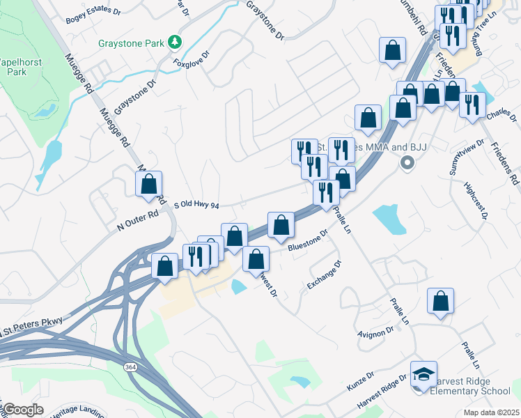 map of restaurants, bars, coffee shops, grocery stores, and more near 2100 South Old Highway 94 in Saint Charles