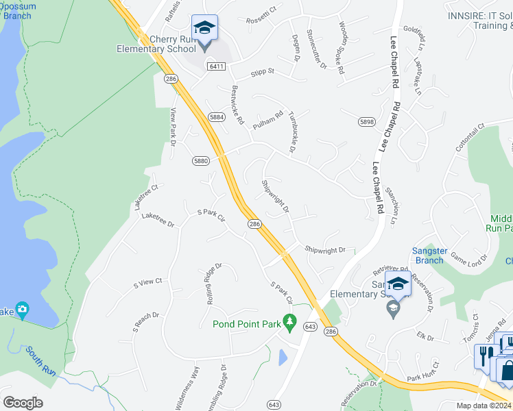 map of restaurants, bars, coffee shops, grocery stores, and more near 7307 Fathom Court in Burke