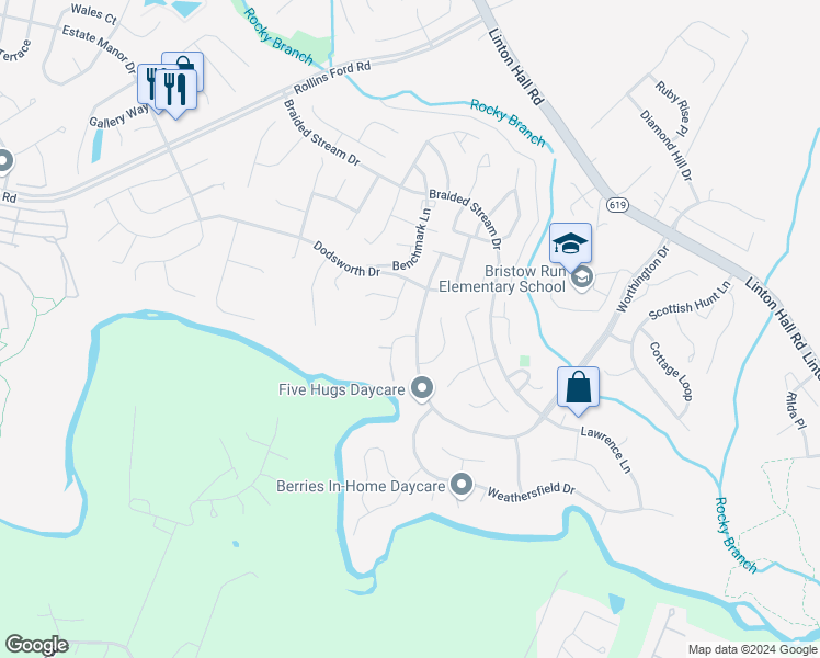 map of restaurants, bars, coffee shops, grocery stores, and more near 13540 Wyecrosse Court in Bristow
