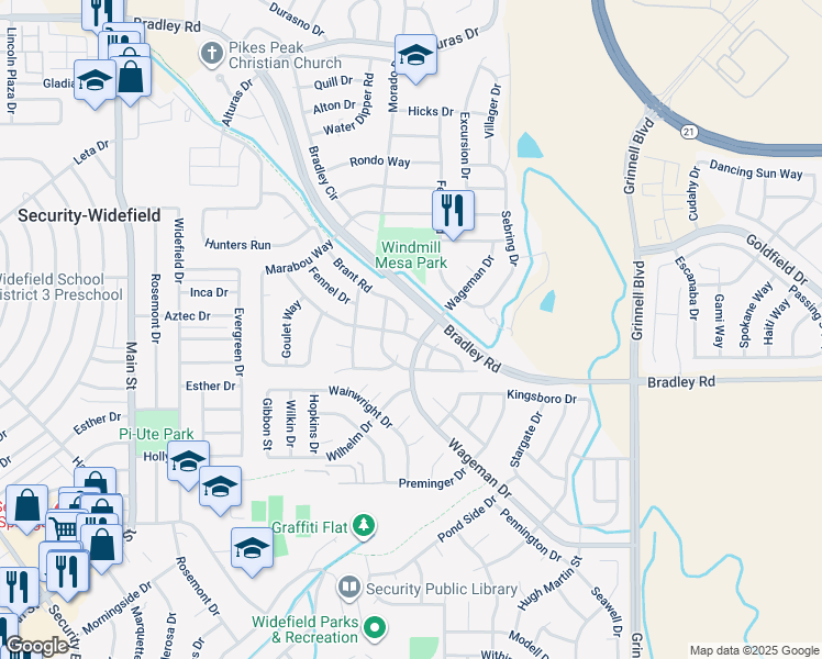 map of restaurants, bars, coffee shops, grocery stores, and more near 4987 Brant Road in Colorado Springs