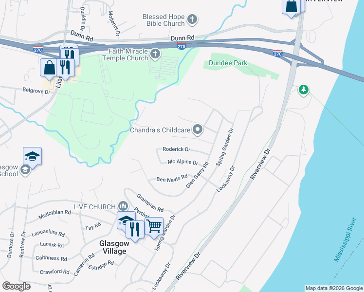 map of restaurants, bars, coffee shops, grocery stores, and more near 138 Roderick Drive in St. Louis