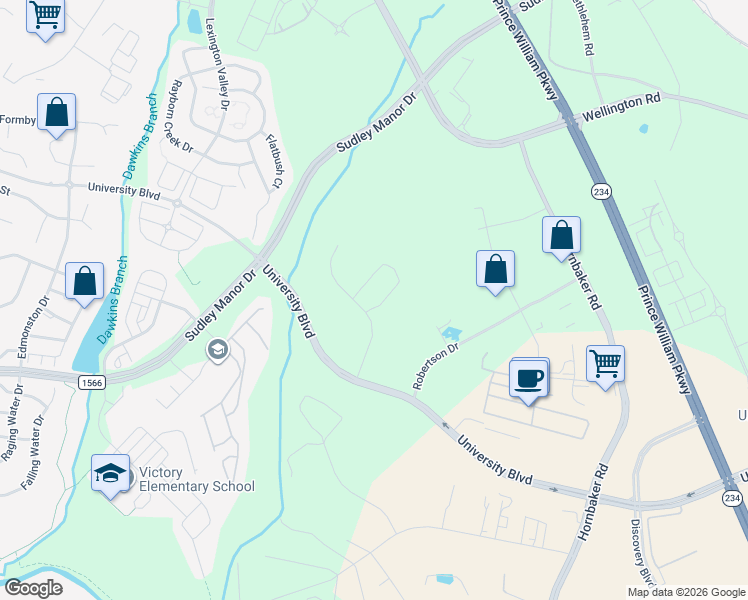 map of restaurants, bars, coffee shops, grocery stores, and more near 11601 Hokie Stone Loop in Manassas