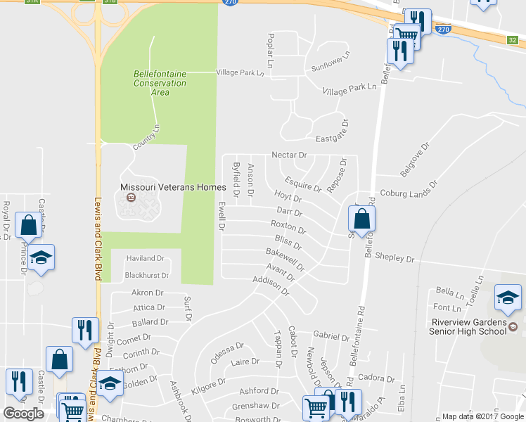 map of restaurants, bars, coffee shops, grocery stores, and more near 1226 Darr Drive in St. Louis