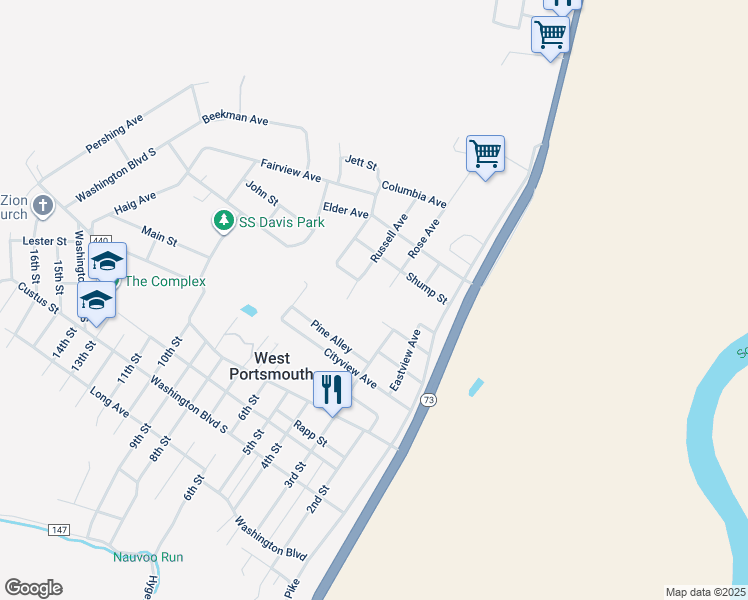 map of restaurants, bars, coffee shops, grocery stores, and more near 302 Maple Street in West Portsmouth