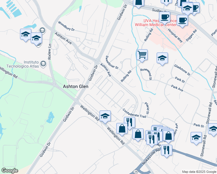 map of restaurants, bars, coffee shops, grocery stores, and more near 9015 Miles Place in Manassas