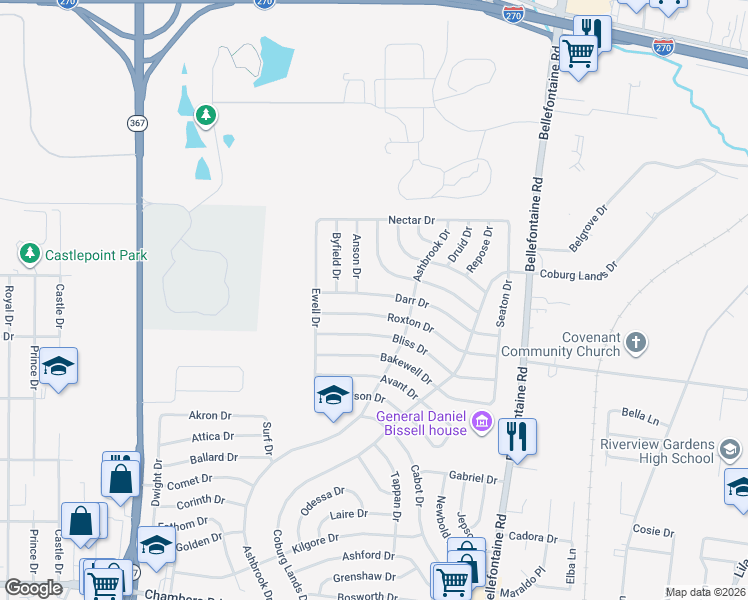 map of restaurants, bars, coffee shops, grocery stores, and more near 1226 Darr Drive in St. Louis