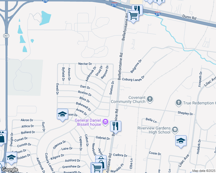 map of restaurants, bars, coffee shops, grocery stores, and more near 10448 Coburg Lands Drive in St. Louis