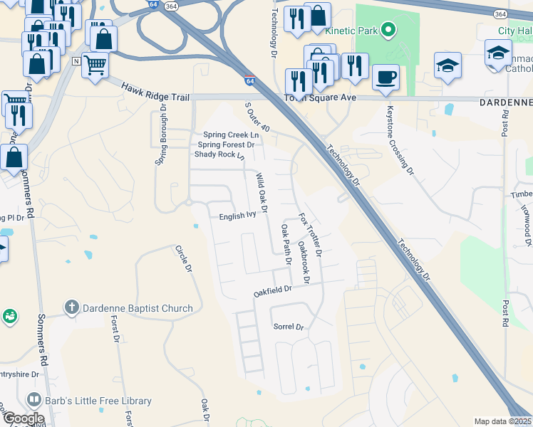 map of restaurants, bars, coffee shops, grocery stores, and more near 2322 Wild Oak Drive in O'Fallon