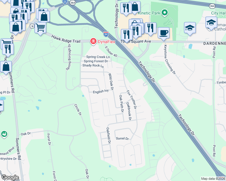 map of restaurants, bars, coffee shops, grocery stores, and more near 2326 Wild Oak Drive in O'Fallon