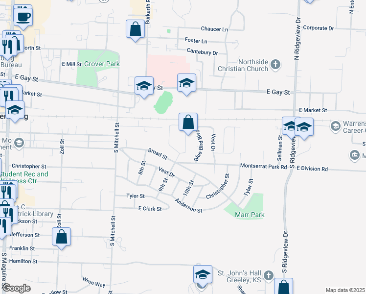 map of restaurants, bars, coffee shops, grocery stores, and more near 904 Ridge Drive in Warrensburg