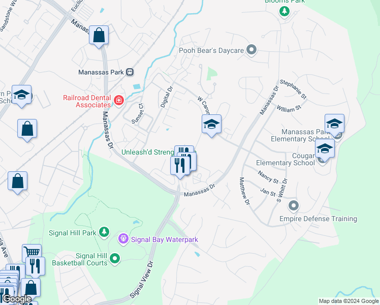 map of restaurants, bars, coffee shops, grocery stores, and more near 9226 Jessica Drive in Manassas Park