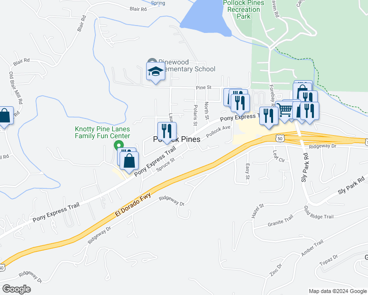 map of restaurants, bars, coffee shops, grocery stores, and more near 6270 Pony Express Trail in Pollock Pines