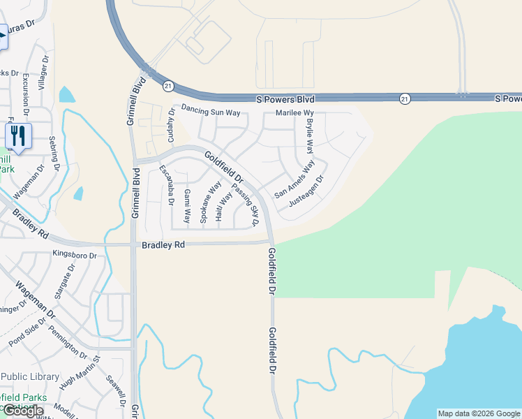 map of restaurants, bars, coffee shops, grocery stores, and more near 6268 Passing Sky Drive in Colorado Springs