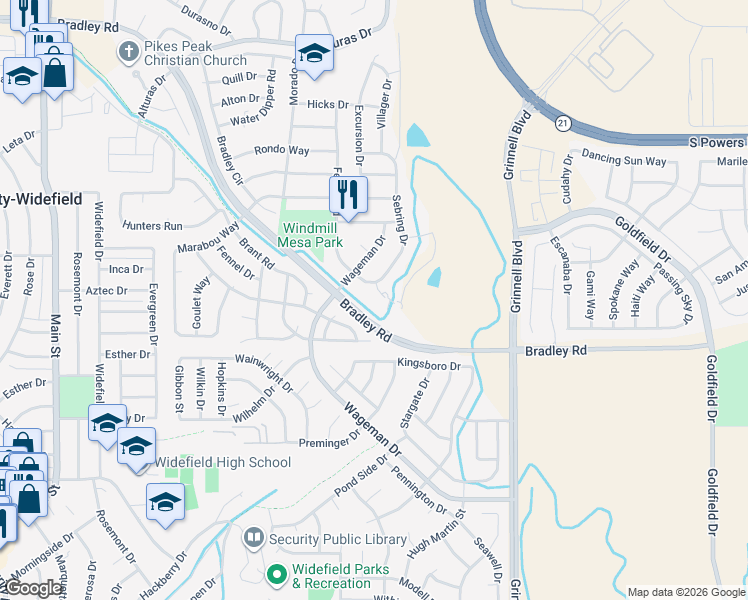 map of restaurants, bars, coffee shops, grocery stores, and more near 5630 Almont Avenue in Colorado Springs
