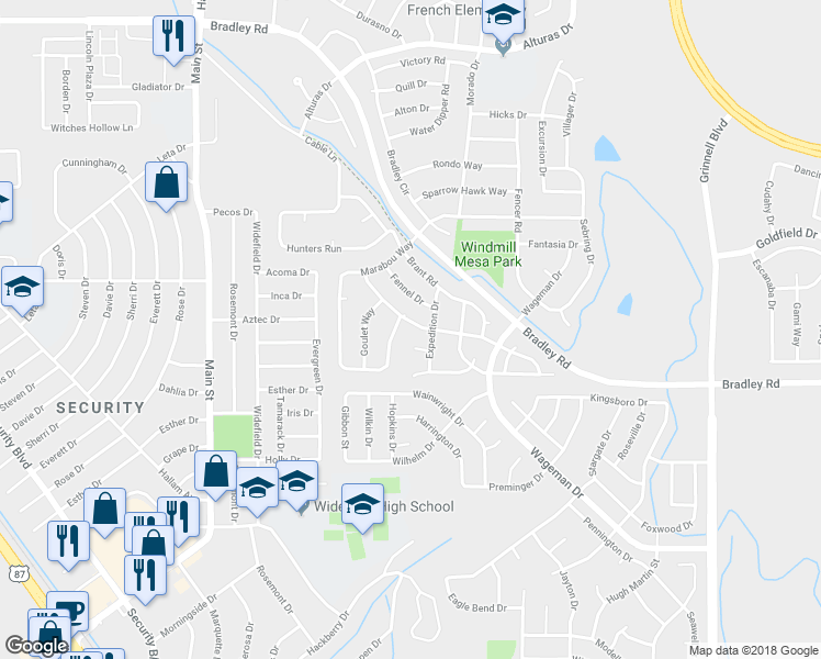 map of restaurants, bars, coffee shops, grocery stores, and more near 4750 Marabou Way in Colorado Springs