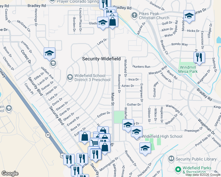 map of restaurants, bars, coffee shops, grocery stores, and more near 1204 Main Street in Colorado Springs