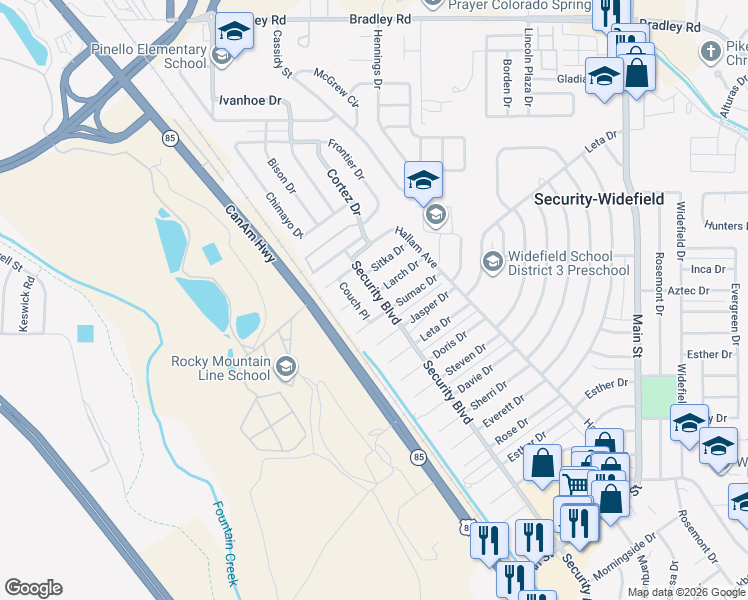 map of restaurants, bars, coffee shops, grocery stores, and more near 97 Sumac Drive in Colorado Springs