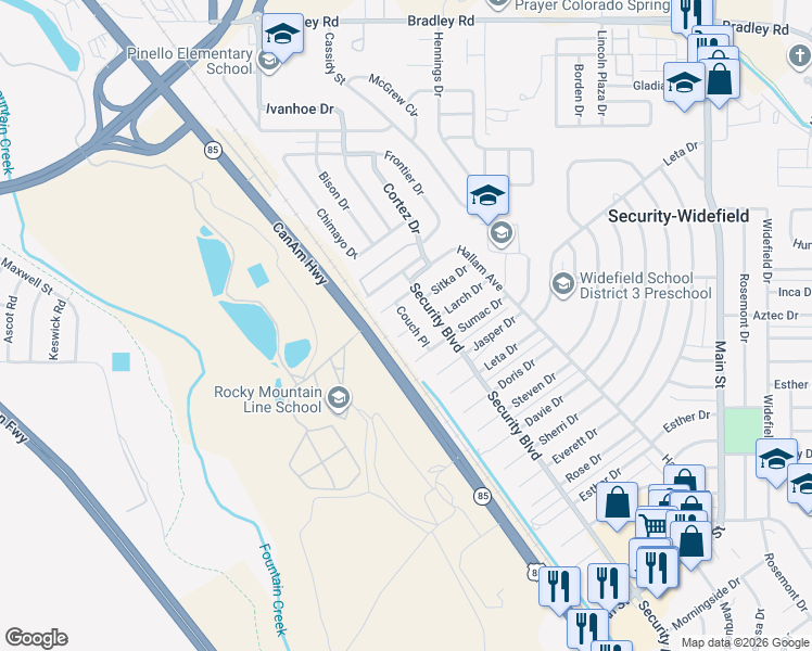 map of restaurants, bars, coffee shops, grocery stores, and more near 76 Sumac Drive in Colorado Springs