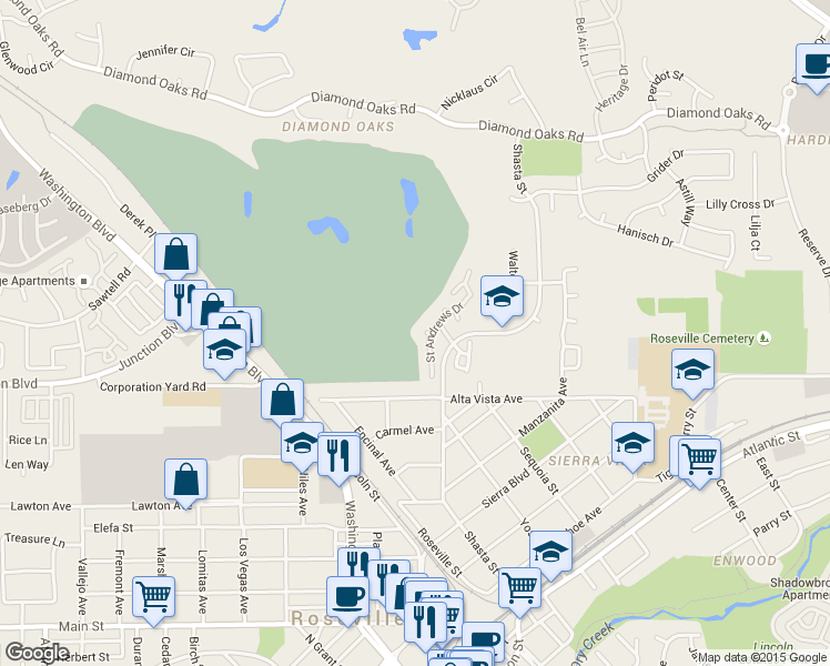 map of restaurants, bars, coffee shops, grocery stores, and more near 313 Saint Andrews Drive in Roseville