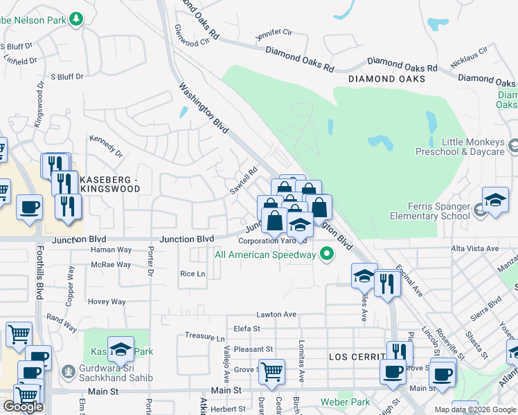 map of restaurants, bars, coffee shops, grocery stores, and more near 1051 Junction Boulevard in Roseville