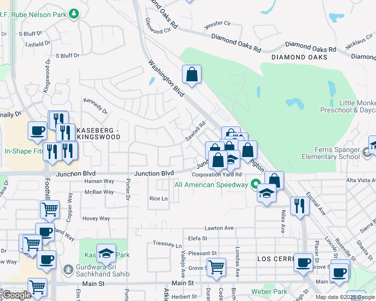 map of restaurants, bars, coffee shops, grocery stores, and more near 121 Vallejo Avenue in Roseville