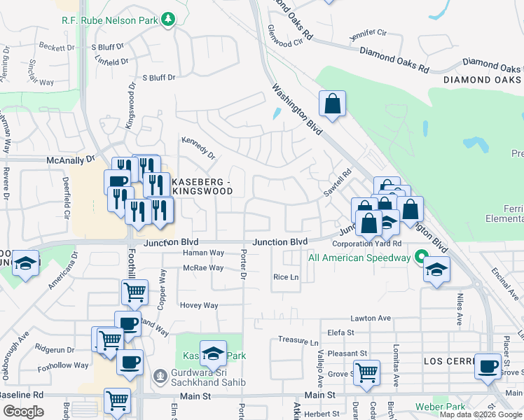 map of restaurants, bars, coffee shops, grocery stores, and more near 611 Springfield Circle in Roseville