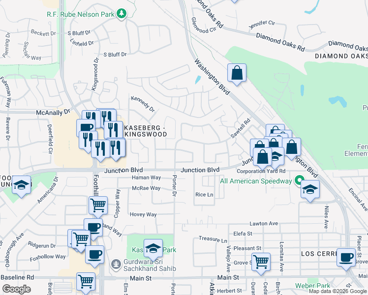 map of restaurants, bars, coffee shops, grocery stores, and more near 611 Springfield Circle in Roseville