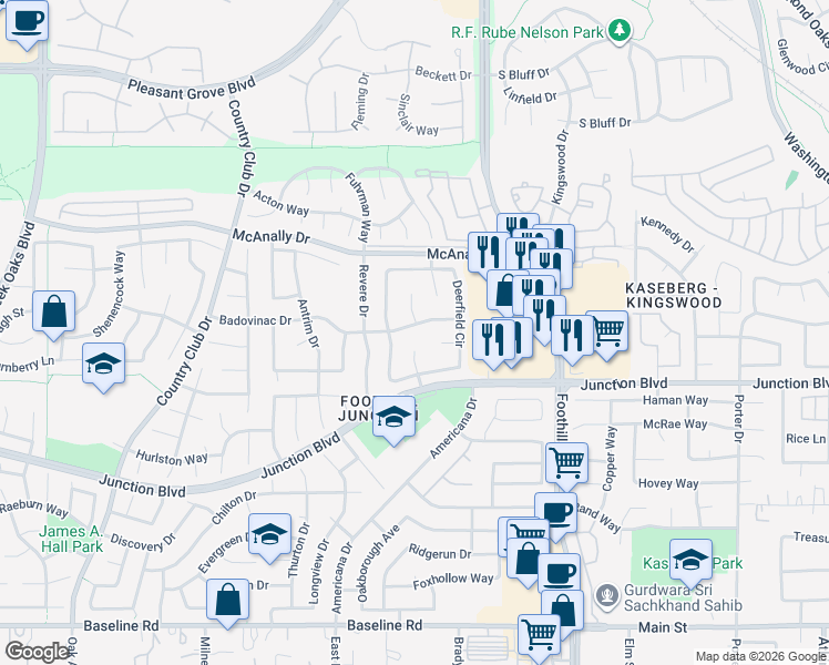 map of restaurants, bars, coffee shops, grocery stores, and more near 1206 Constitution Court in Roseville