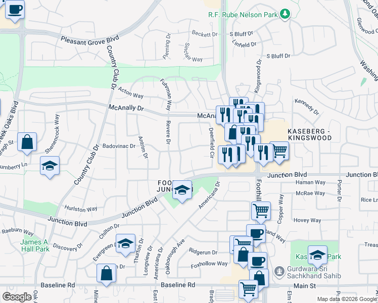 map of restaurants, bars, coffee shops, grocery stores, and more near 1206 Constitution Court in Roseville