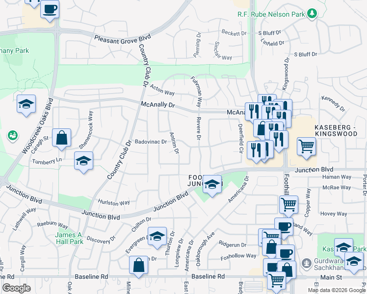 map of restaurants, bars, coffee shops, grocery stores, and more near 1406 Everett Way in Roseville