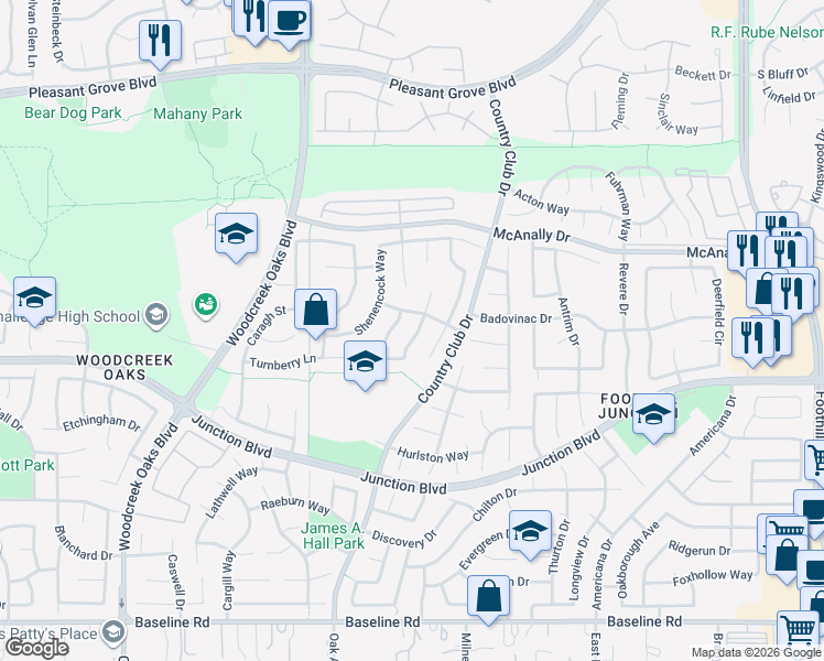 map of restaurants, bars, coffee shops, grocery stores, and more near 1128 Brookline Circle in Roseville
