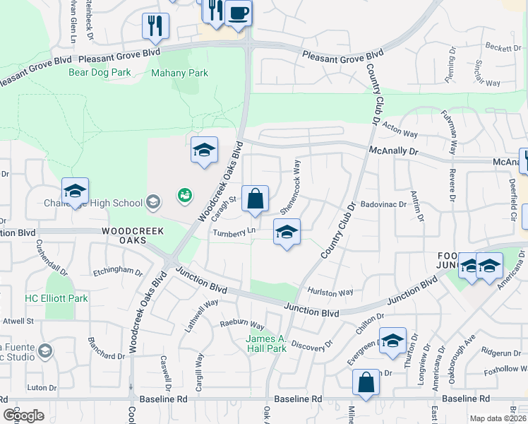 map of restaurants, bars, coffee shops, grocery stores, and more near 101 Turnberry Court in Roseville