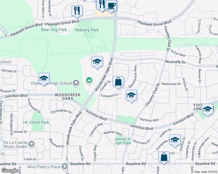 map of restaurants, bars, coffee shops, grocery stores, and more near 1215 Turnberry Lane in Roseville
