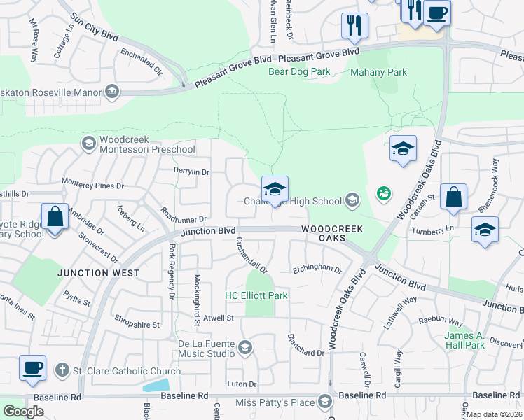 map of restaurants, bars, coffee shops, grocery stores, and more near 256 Berkswell Court in Roseville