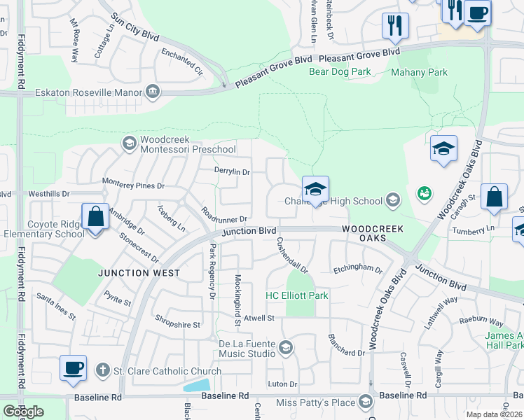 map of restaurants, bars, coffee shops, grocery stores, and more near 1628 Roadrunner Drive in Roseville