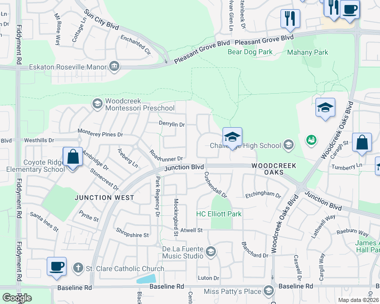 map of restaurants, bars, coffee shops, grocery stores, and more near 1628 Roadrunner Drive in Roseville