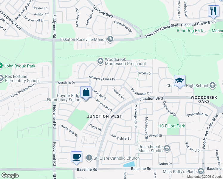 map of restaurants, bars, coffee shops, grocery stores, and more near 1864 Morning Mist Way in Roseville